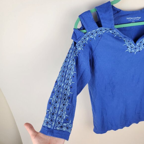 Soft Surroundings Cold Shoulder Embroidered 3/4 Sleeve Blouse Top sz S - Picture 4 of 8